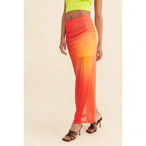 Boskemper Mesh Colorblock Maxi Skirt Sheer Long Ombre Orange